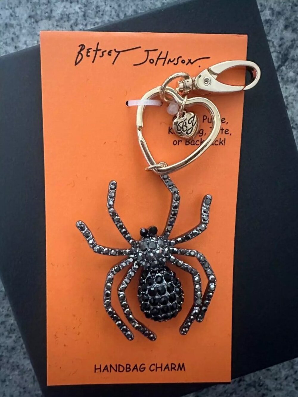 Betsey Johnson Black Gunmetal Rhinestone Spider Key Fob Bag Charm Keychain